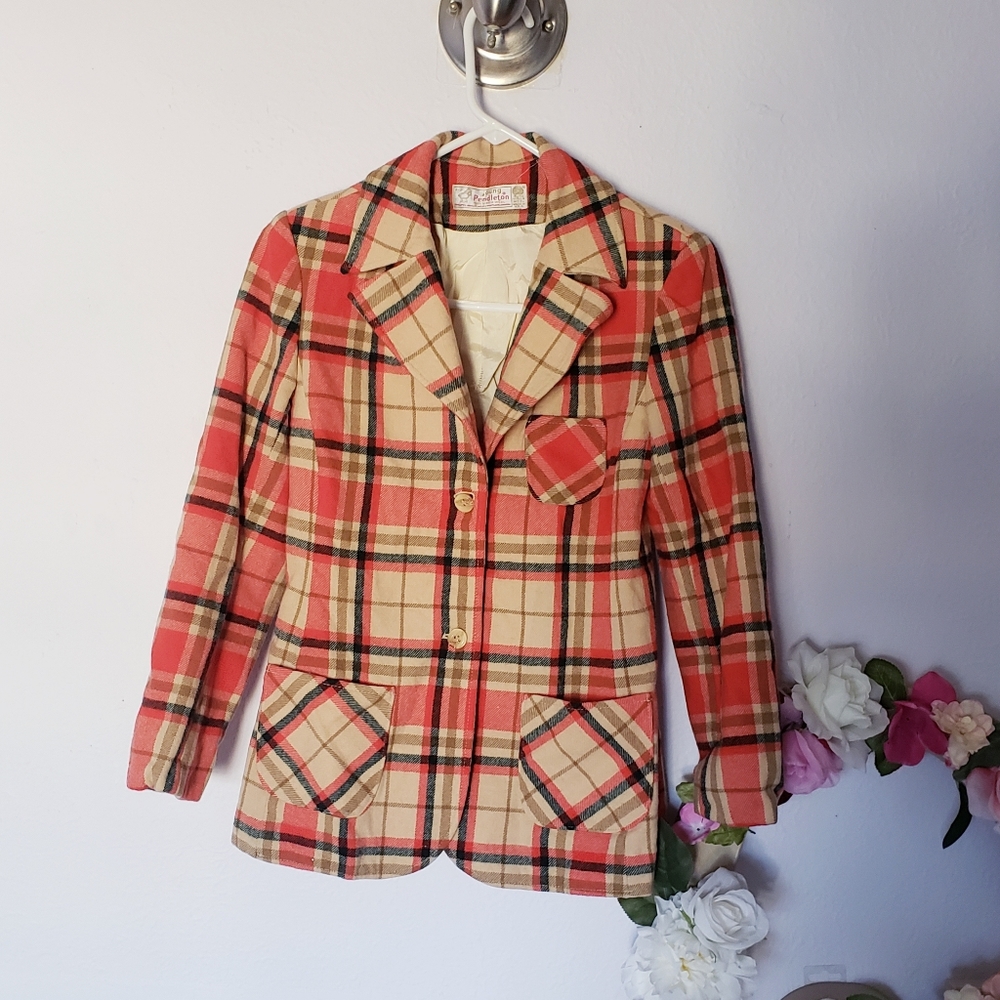 Vintage Orange Plaid Pure Wool Blazer Coat